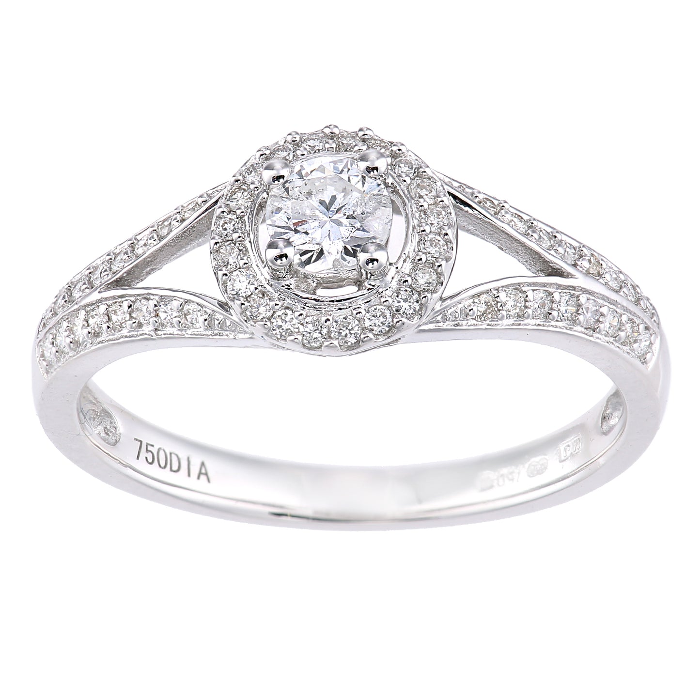 18ct White Gold  22pts Diamond 18pts Pave Halo Solitaire Ring - PR1AXL2333W18