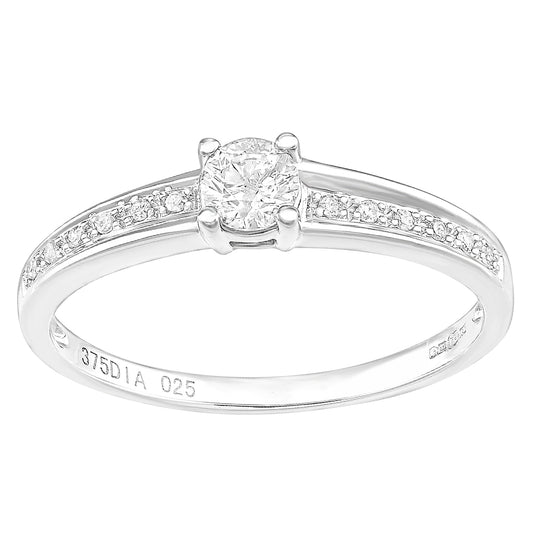 9ct White Gold  20pts Diamond 5pts Offset Pave Solitaire Ring - PR1AXL2349W
