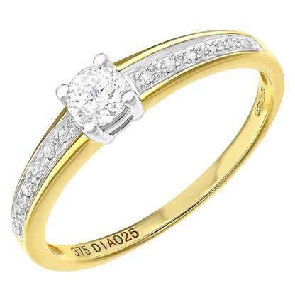 9ct Gold  20pts Diamond 5pts Offset Pave Shoulder Solitaire Ring - PR1AXL2349Y