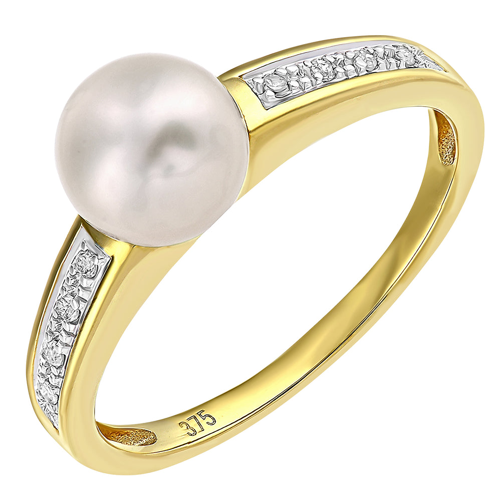 9ct Gold  4pts Diamond Pearl 7mm Pave Full Moon Dress Ring - PR1AXL2583YPRL