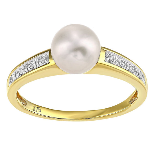 9ct Gold  4pts Diamond Pearl 7mm Pave Full Moon Dress Ring - PR1AXL2583YPRL