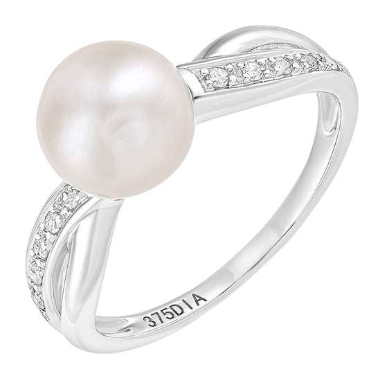 9ct White Gold  5pts Diamond Pearl 7.5mm Pave Full Moon Dress Ring - PR1AXL2585WPRL