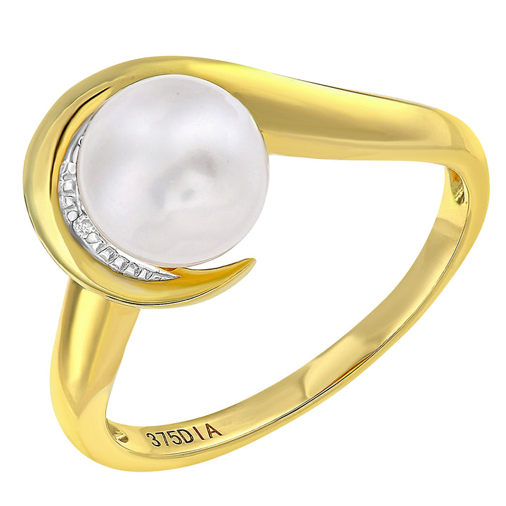 9ct Gold  Diamond Pearl 8mm Snake Tail Wrap Full Moon Dress Ring - PR1AXL2586YPRL