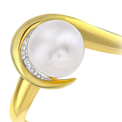 9ct Gold  Diamond Pearl 8mm Snake Tail Wrap Full Moon Dress Ring - PR1AXL2586YPRL