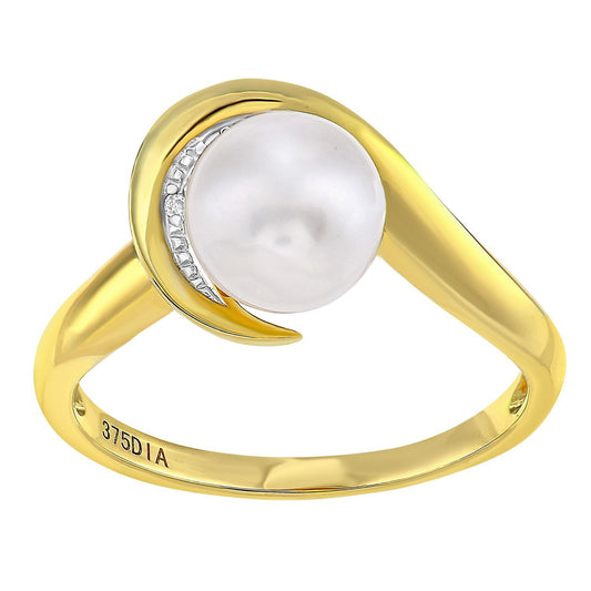9ct Gold  Diamond Pearl 8mm Snake Tail Wrap Full Moon Dress Ring - PR1AXL2586YPRL
