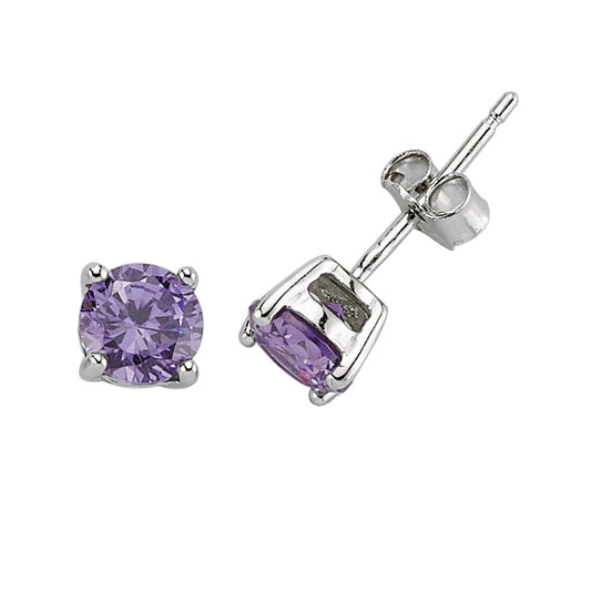 Silver  Purple CZ Double Gallery Solitaire Stud Earrings 5mm - RD5AM