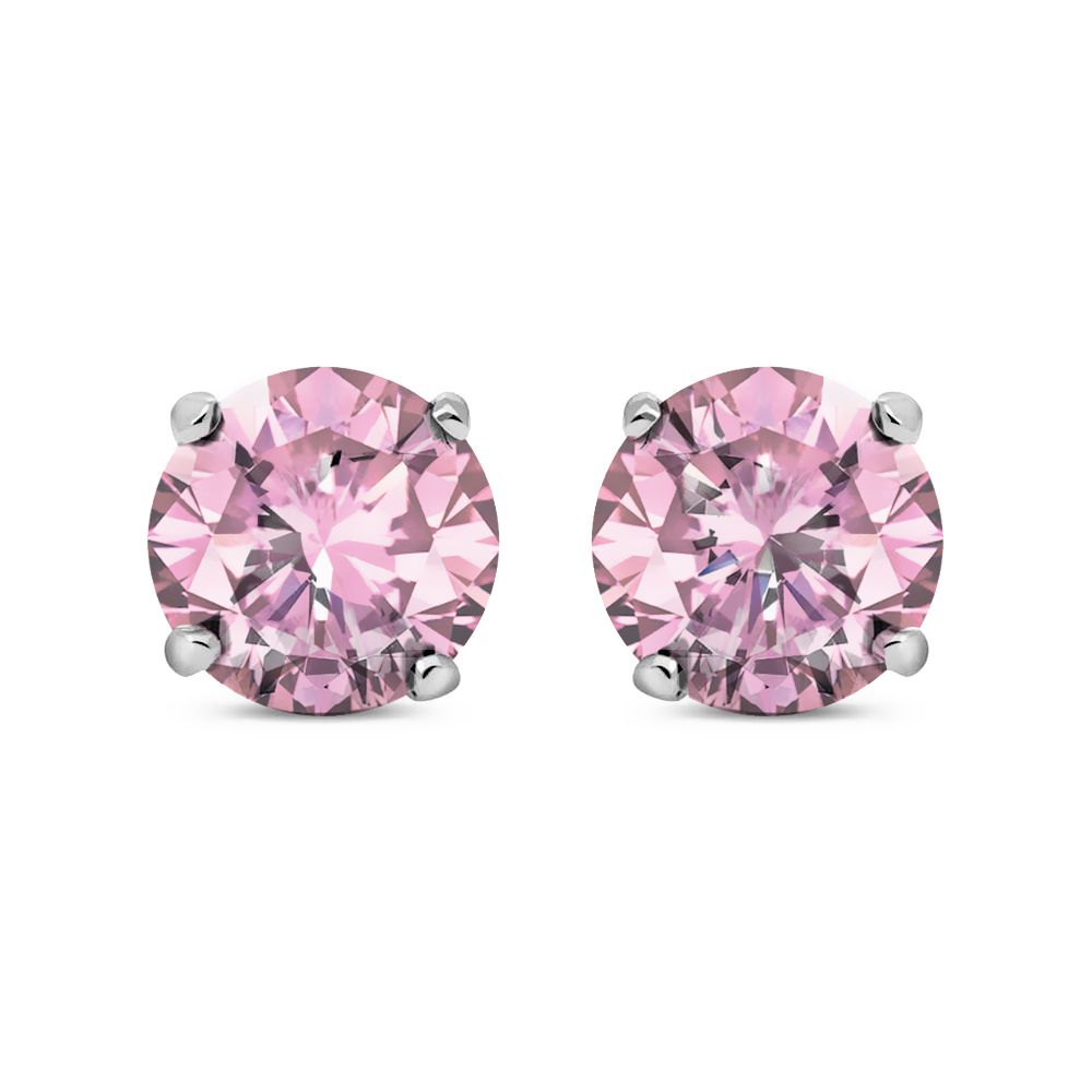 Silver  Pink CZ 4 Claw Solitaire Stud Earrings 6mm 1.70cts - RD6P