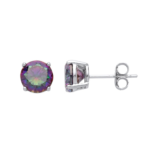 Silver  rainbow Mystic Quartz CZ Double Gallery Stud Earrings 7mm - RD7MQ