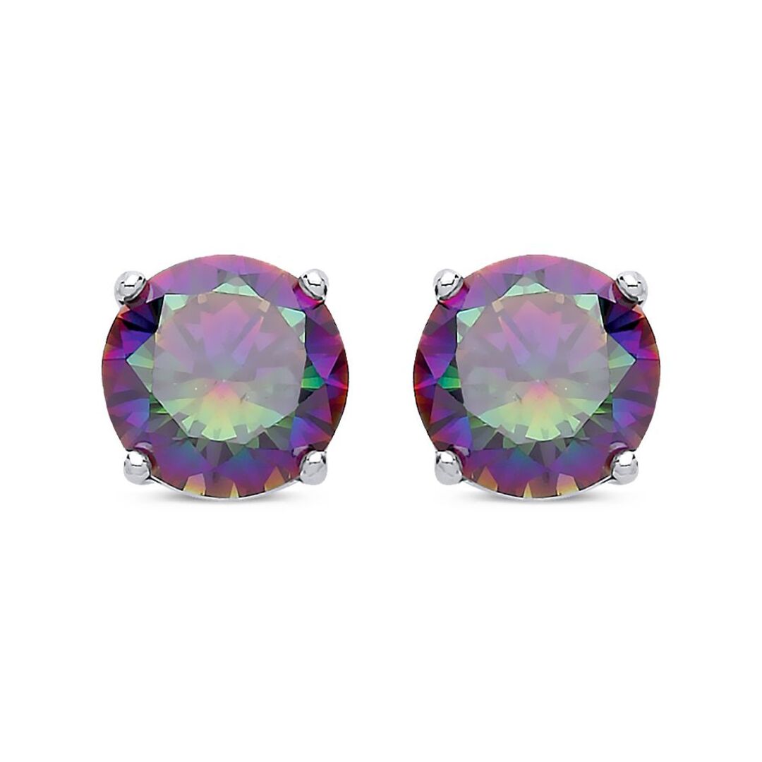 Silver  Rainbow Quartz CZ Double Gallery Stud Earrings 7mm 2.60cts - RD7MQ