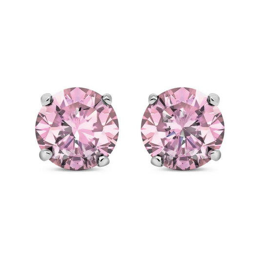Silver  Pink CZ 4 Claw Solitaire Stud Earrings 7mm 2.60cts - RD7P