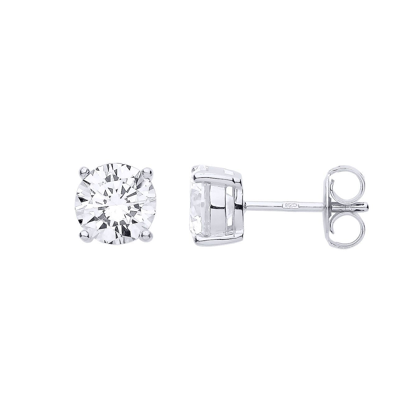 Silver  CZ 4 Claw Solitaire Stud Earrings 7mm 2.60cts - RD7