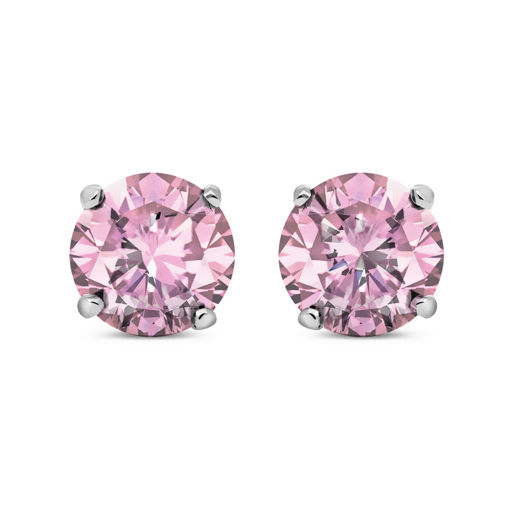 Silver  Pink CZ 4 Claw Solitaire Stud Earrings 8mm - RD8P
