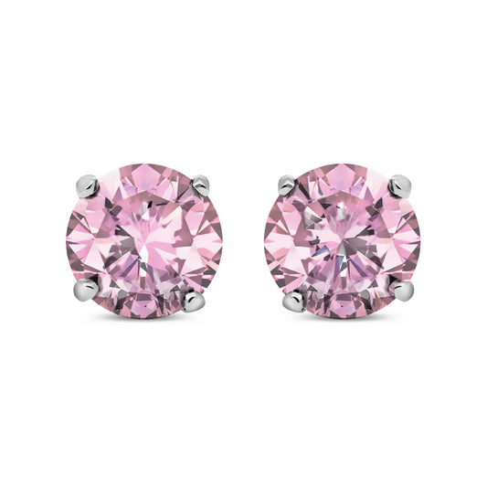 Silver  Pink CZ 4 Claw Solitaire Stud Earrings 8mm - RD8P