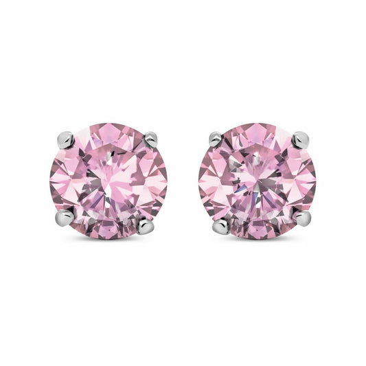 Silver  Pink CZ 4 Claw Solitaire Stud Earrings 9mm 6.00cts - RD9P
