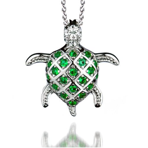 Rhodium Silver  Green CZ Turtle Shell Charm Necklace 16>18 inch - RE14854GE