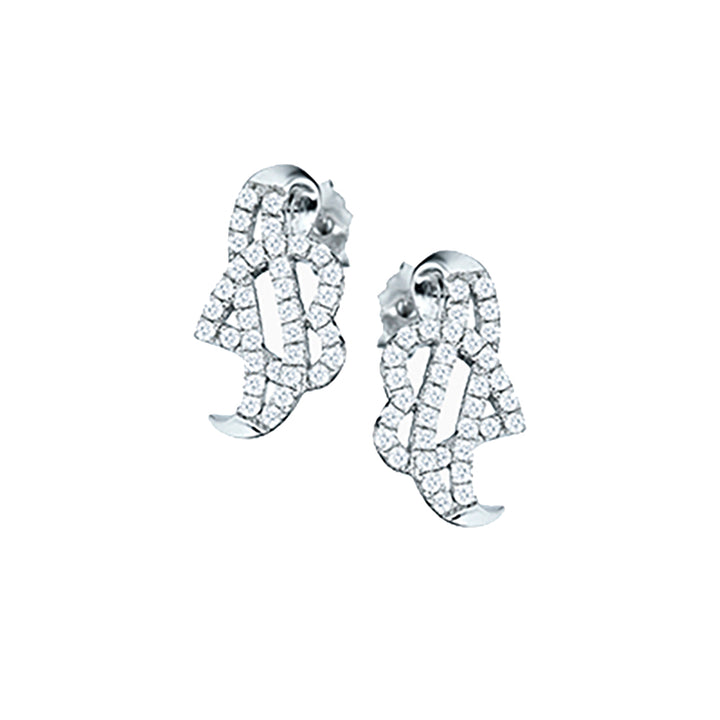 Rhodium Silver  CZ Ribbon Heart Coeur-de-Rouleaux Stud Earrings - RE22664