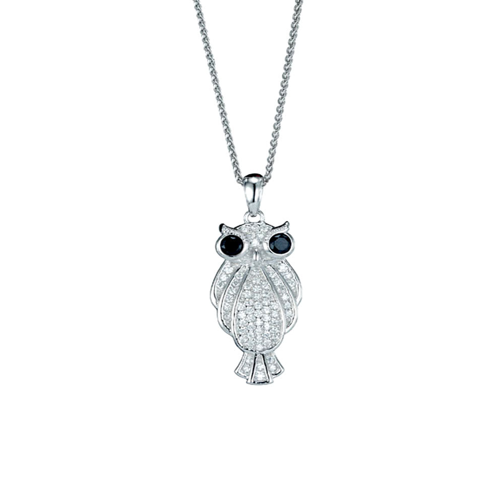 Sterling Silver  Black CZ Big Eyed Wise Owl Necklace 16>18 inch - RE30424BZ
