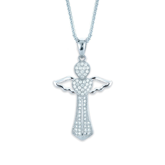 Sterling Silver  CZ Love Heart Angel Cross Necklace 16>18 inch - RE32904