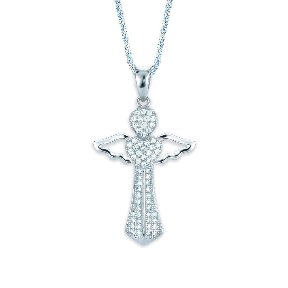 Sterling Silver  CZ Love Heart Angel Cross Necklace 16>18 inch - RE32904
