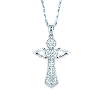 Sterling Silver  CZ Love Heart Angel Cross Necklace 16>18 inch - RE32904