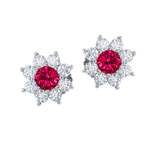 Sterling Silver  Red CZ Classic Royal Cluster Stud Earrings - RE42094RB