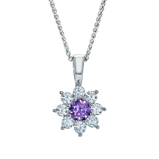 Sterling Silver  Purple CZ Classic Royal Cluster Necklace 18inch - RE42104AM