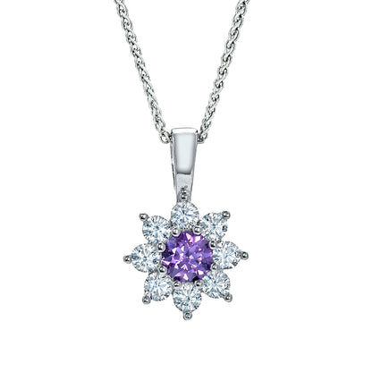 Sterling Silver  Purple CZ Classic Royal Cluster Necklace 18inch - RE42104AM