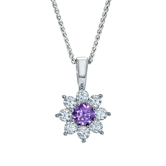 Sterling Silver  Purple CZ Classic Royal Cluster Necklace 18inch - RE42104AM