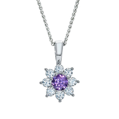 Sterling Silver  Purple CZ Classic Royal Cluster Necklace 18inch - RE42104AM