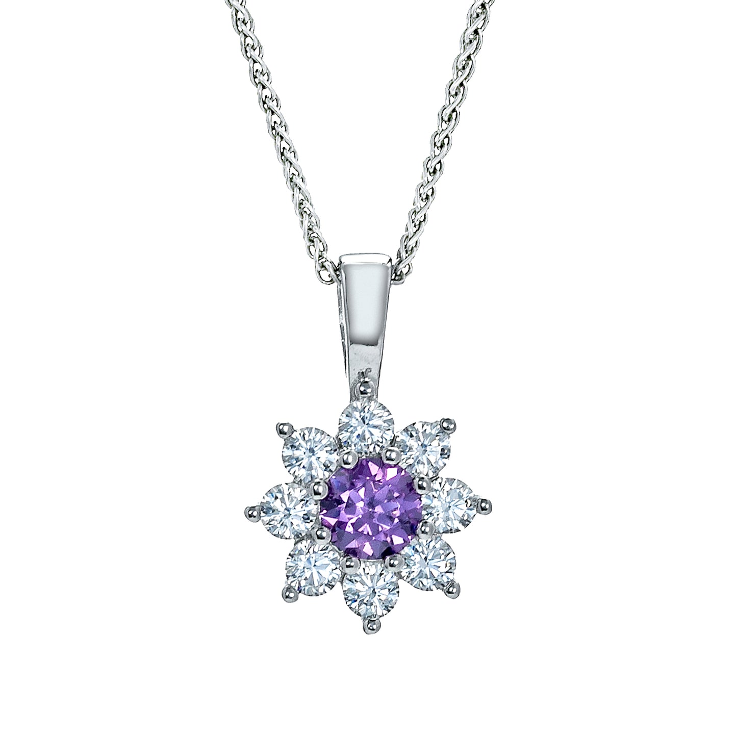 Sterling Silver  Purple CZ Classic Royal Cluster Necklace 18inch - RE42104AM