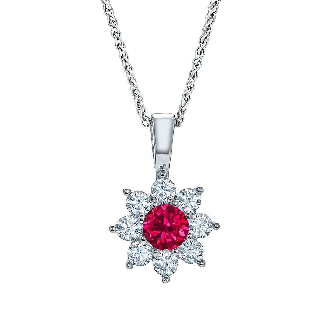 Rhodium Silver  Red CZ Classic Royal Cluster Necklace 16>18 inch - RE42104RB