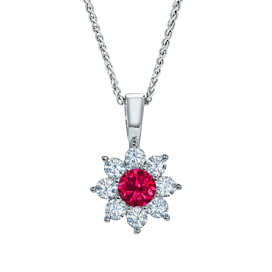 Sterling Silver  Red CZ Classic Royal Cluster Necklace 16>18 inch - RE42104RB