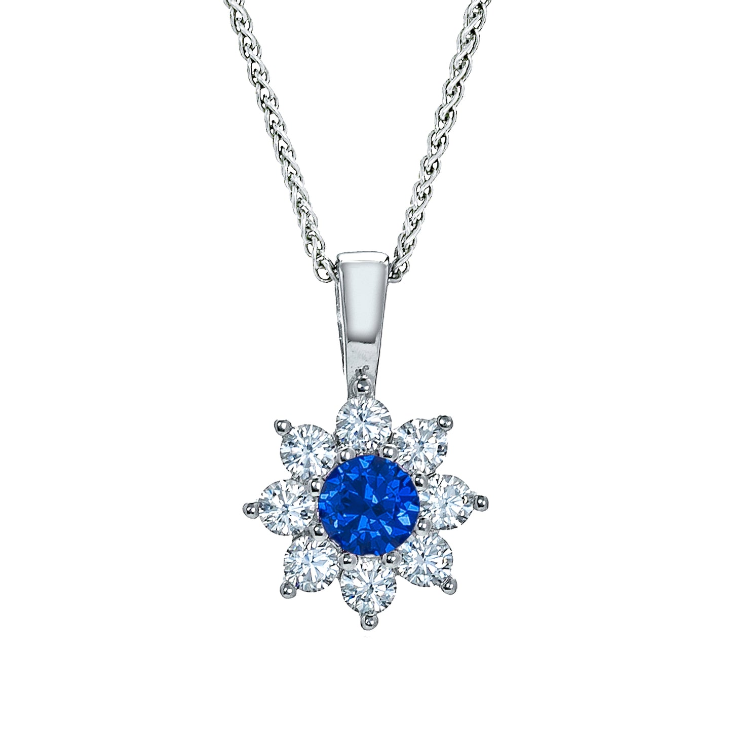 Sterling Silver  Blue CZ Classic Royal Cluster Necklace 16>18 inch - RE42104SP