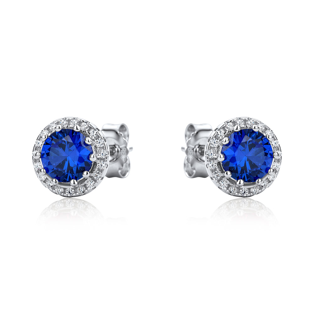 Sterling Silver  Blue CZ Halo Cluster Solitaire Stud Earrings - RE42464SP