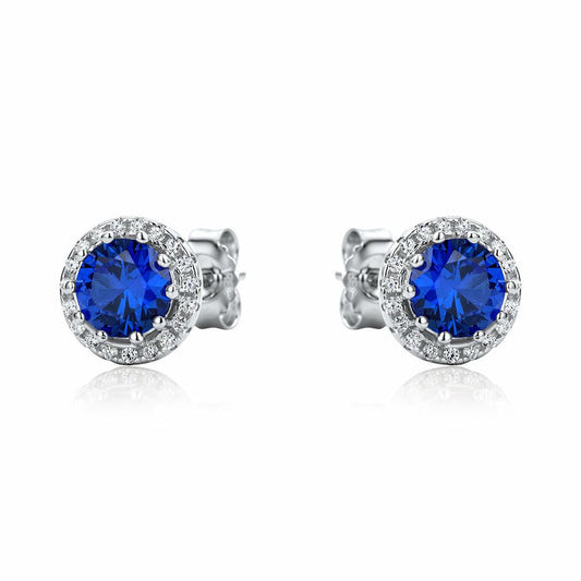 Sterling Silver  Blue CZ Halo Cluster Solitaire Stud Earrings - RE42464SP