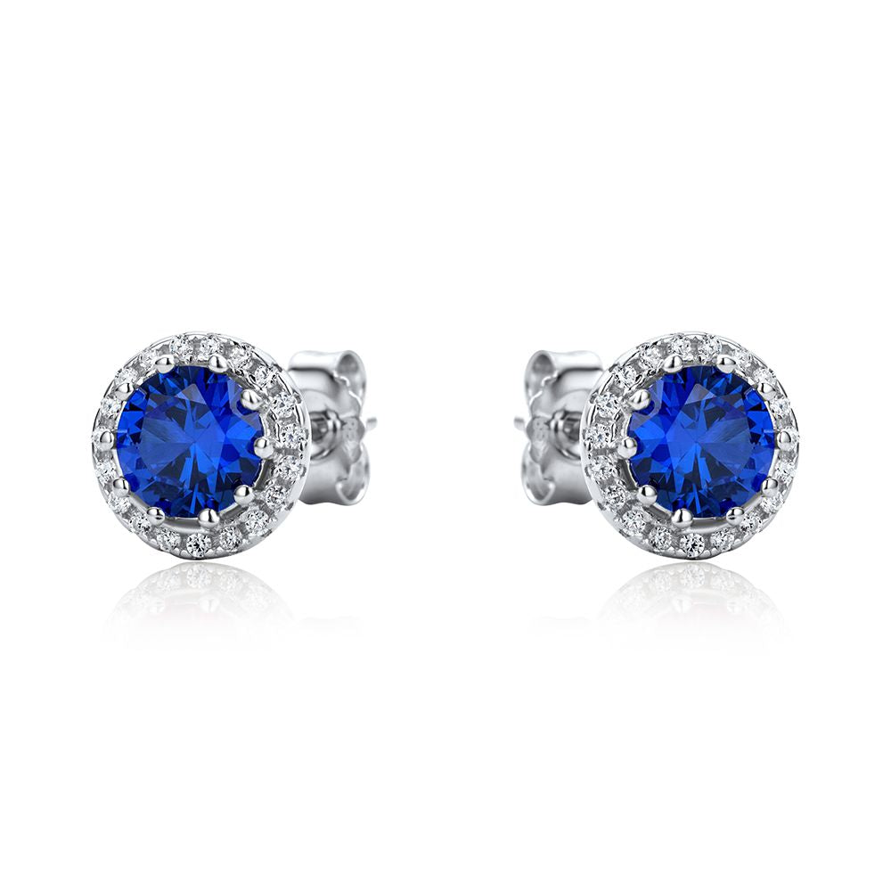 Sterling Silver  Blue CZ Halo Cluster Solitaire Stud Earrings - RE42464SP