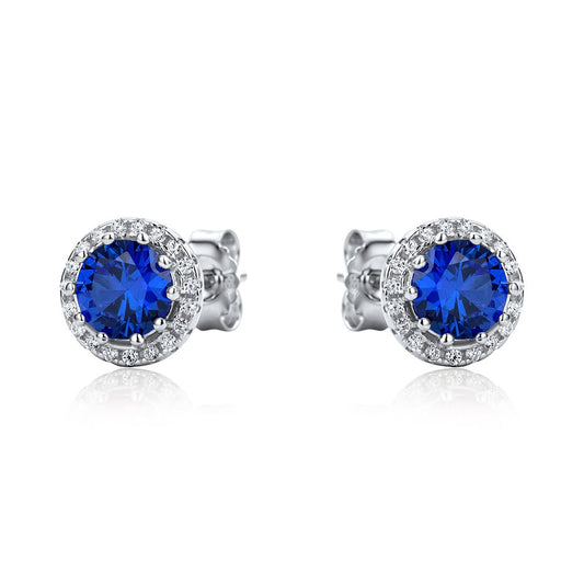 Sterling Silver  Blue CZ Halo Cluster Solitaire Stud Earrings - RE42464SP