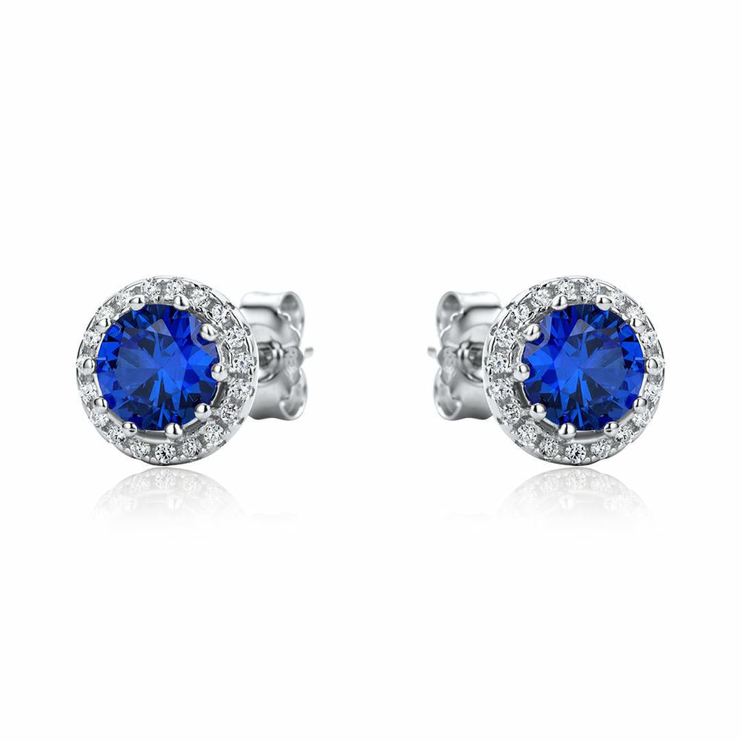 Sterling Silver  Blue CZ Halo Cluster Solitaire Stud Earrings - RE42464SP