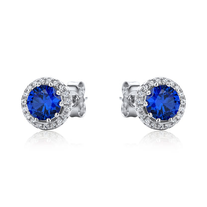 Sterling Silver  Blue CZ Halo Cluster Solitaire Stud Earrings - RE42464SP