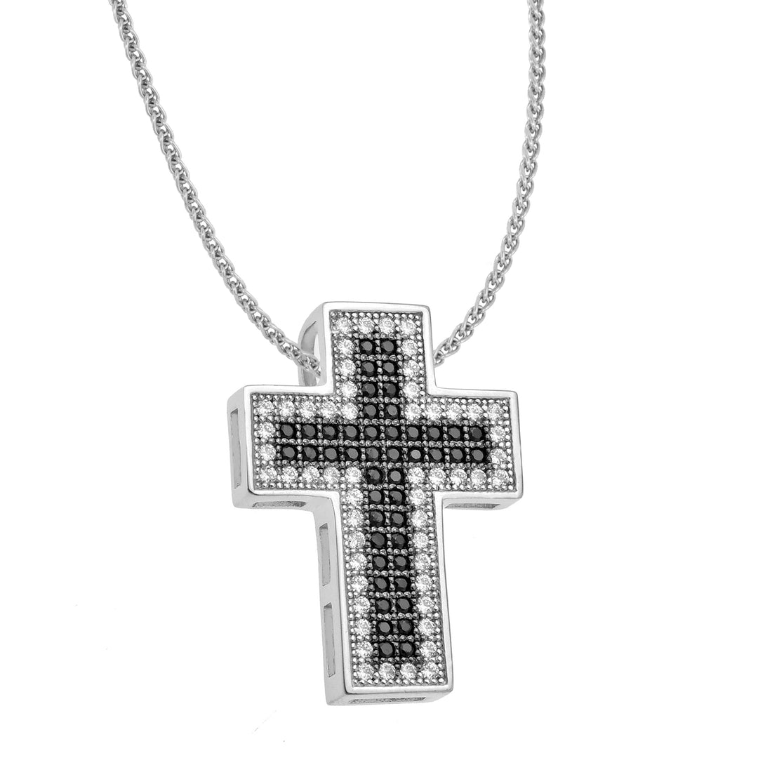 Rhodium Silver  Black CZ Illuminated Cross Necklace 16>18 inch - RE4674BZ