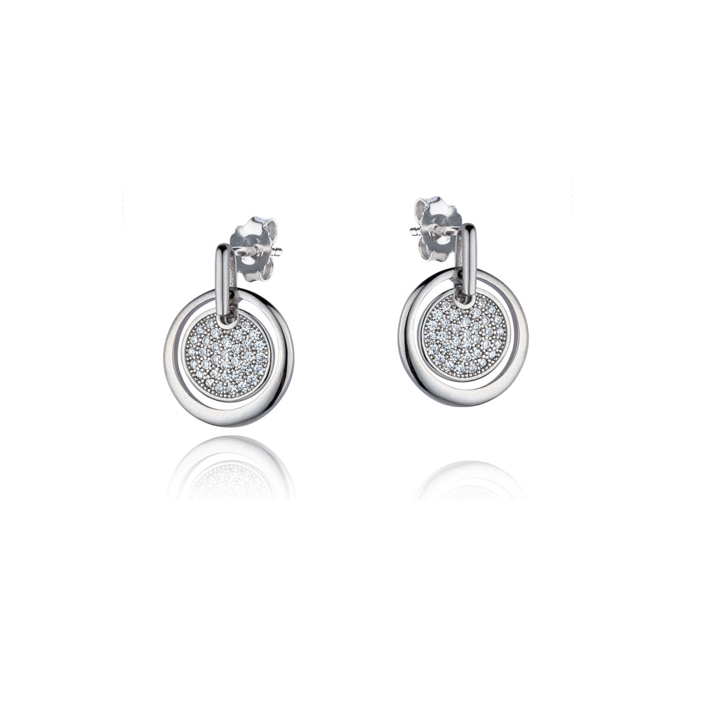 Sterling Silver  CZ Double Circles Drop Earrings - RE6144