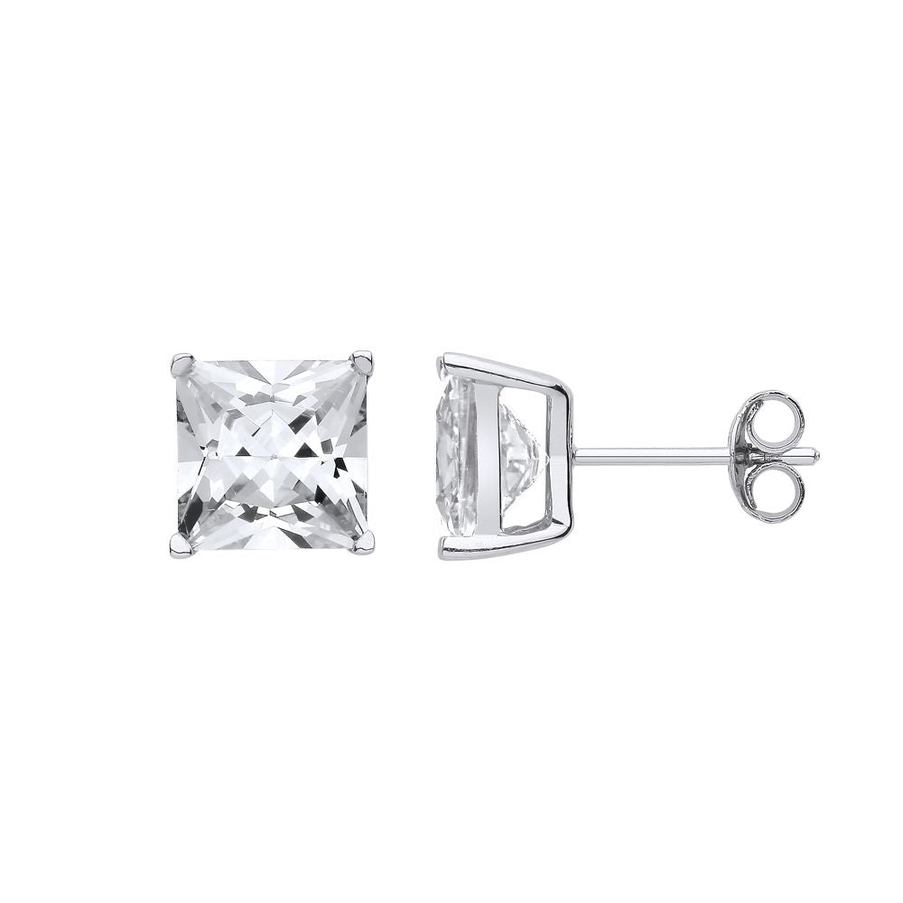 Silver  Princess Cut CZ 4 Claw Stud Earrings 10mm 11.00cts - SQ10