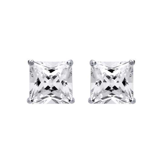 Silver  Princess Cut CZ 4 Claw Solitaire Stud Earrings 11mm - SQ11