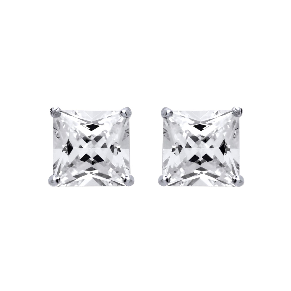 Silver  Princess Cut CZ 4 Claw Solitaire Stud Earrings 12mm - SQ12