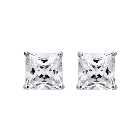 Silver  Princess Cut CZ 4 Claw Solitaire Stud Earrings 13mm - SQ13