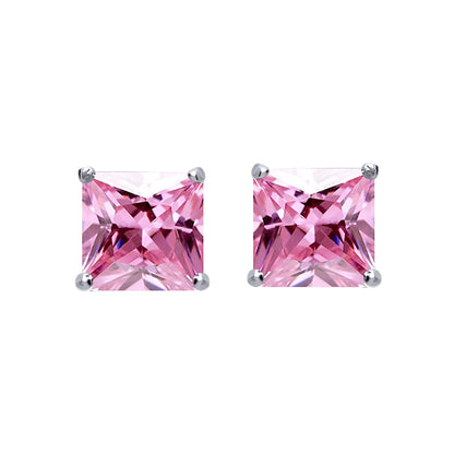 Silver  Pink Princess Cut CZ 4 Claw Solitaire Stud Earrings 3mm - SQ3P