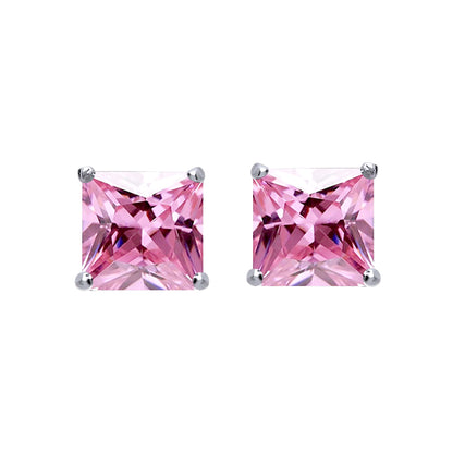 Silver  Pink Princess Cut CZ 4 Claw Solitaire Stud Earrings 4mm - SQ4P