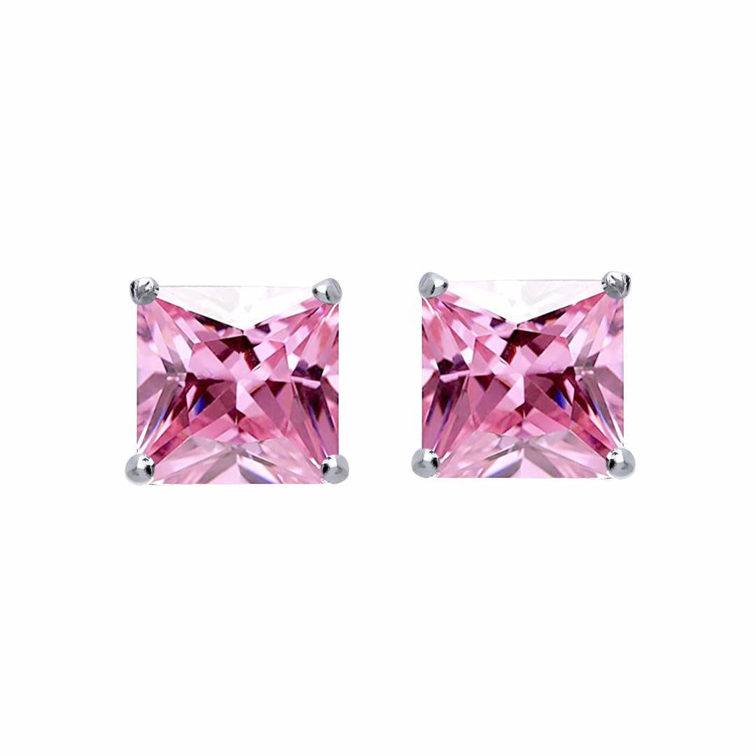 Silver  Pink Princess Cut CZ 4 Claw Stud Earrings 4mm 0.80cts - SQ4P