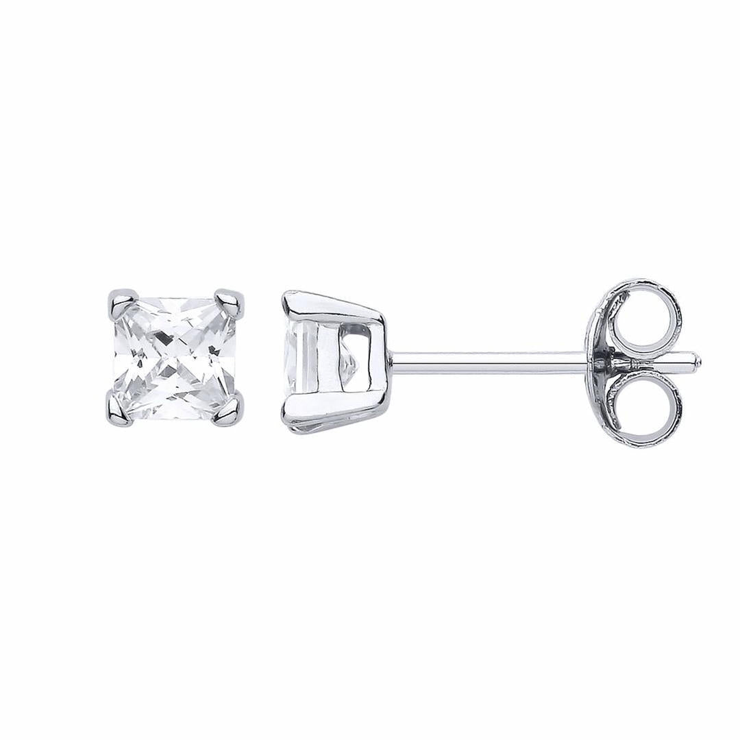 Silver  Princess Cut CZ 4 Claw Solitaire Stud Earrings 4mm 0.80cts - SQ4