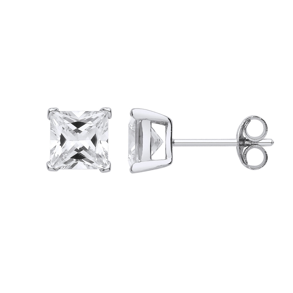 Silver  Princess Cut CZ 4 Claw Solitaire Stud Earrings 6mm - SQ6